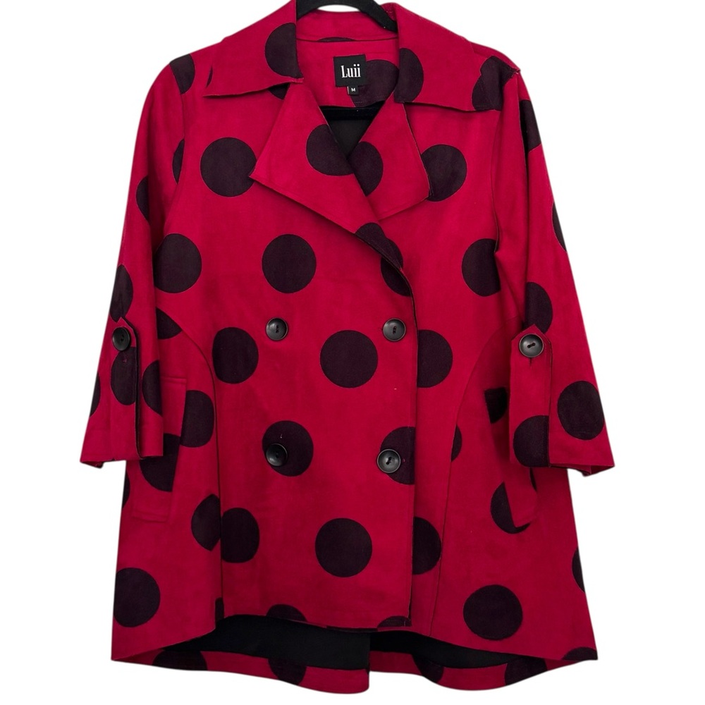 Luii Burgundy Red/Black Faux Suede Polka Dot High Low Double Breasted Jacket